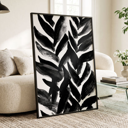 Nightfall Fronds, black, white, gray nature wall art displayed in a styled interior, gallery view 6