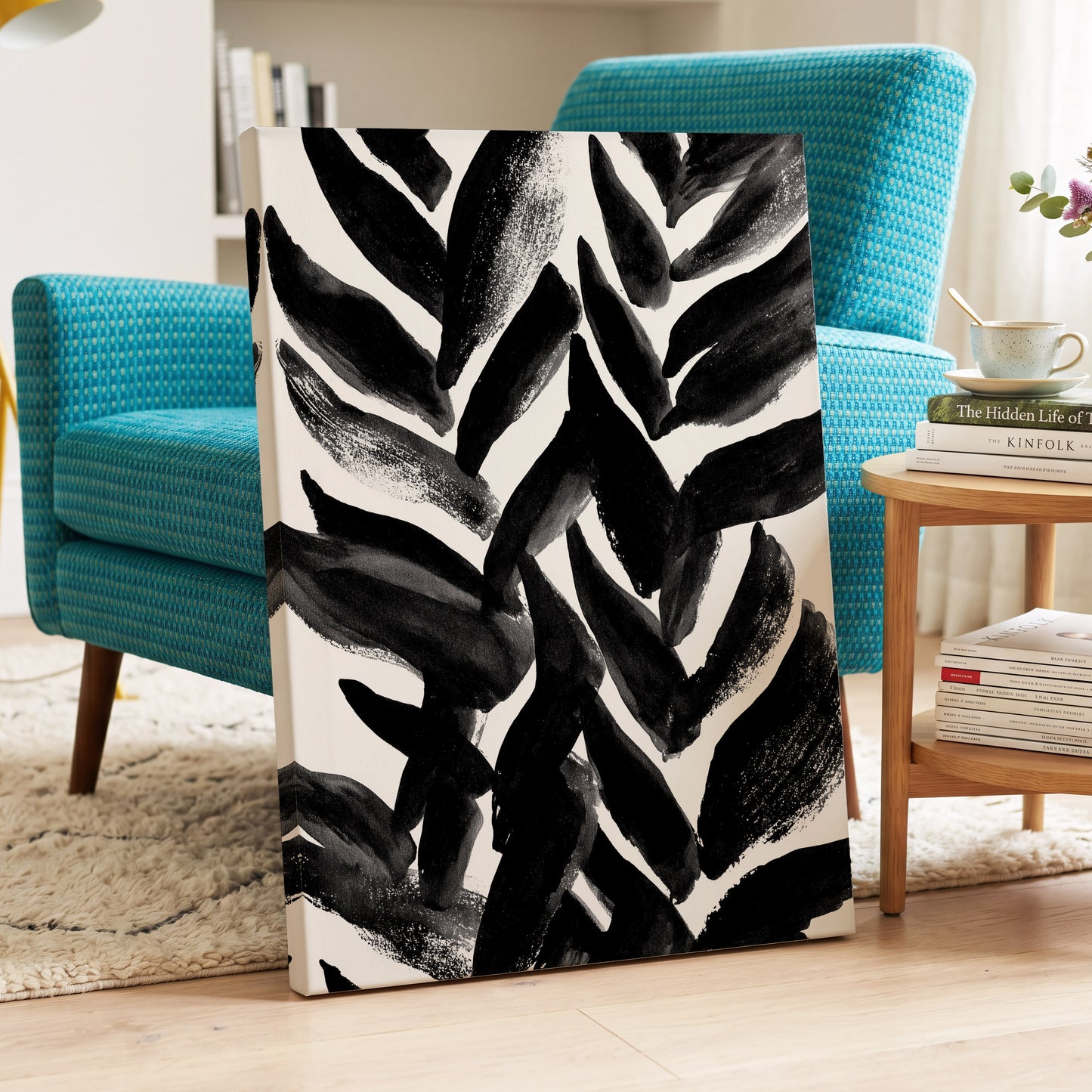 Nightfall Fronds, black, white, gray nature wall art displayed in a styled interior, gallery view 7