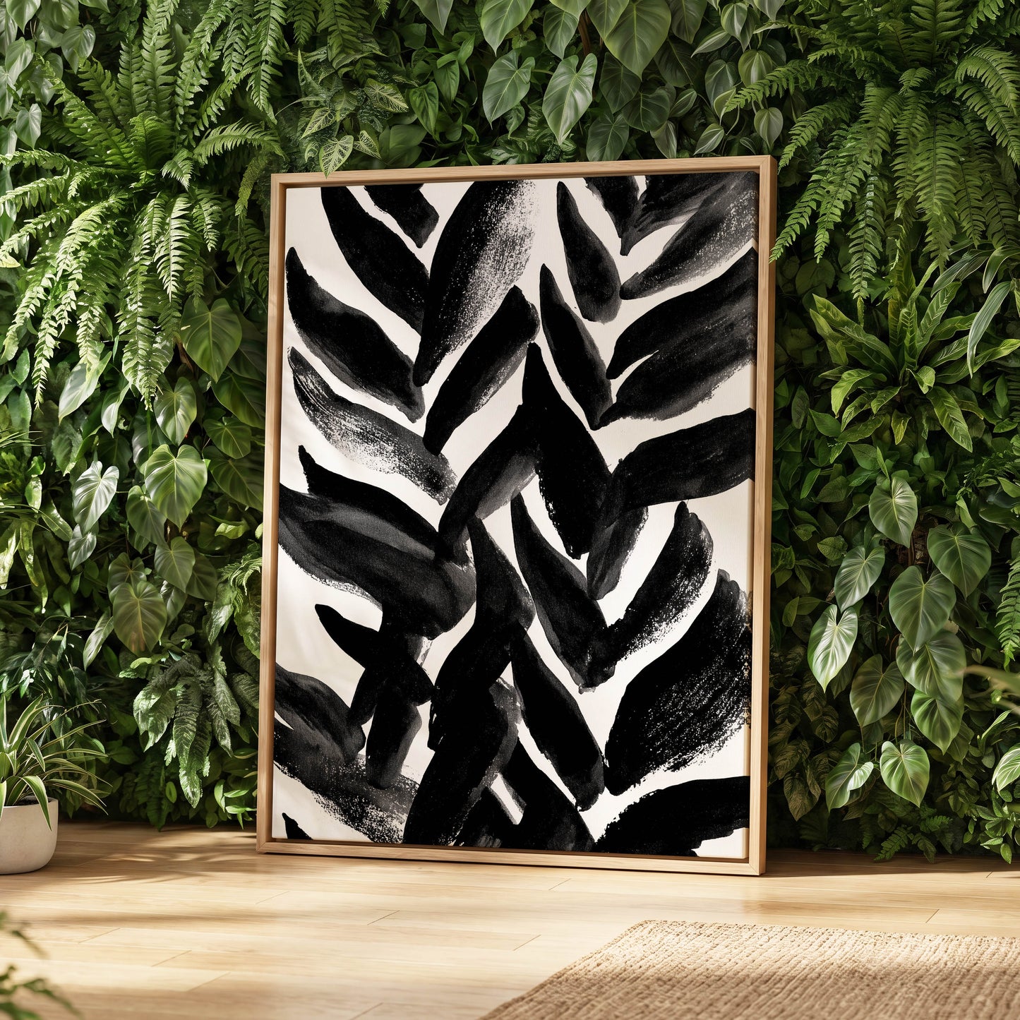 Nightfall Fronds, black, white, gray nature wall art displayed in a styled interior, gallery view 8