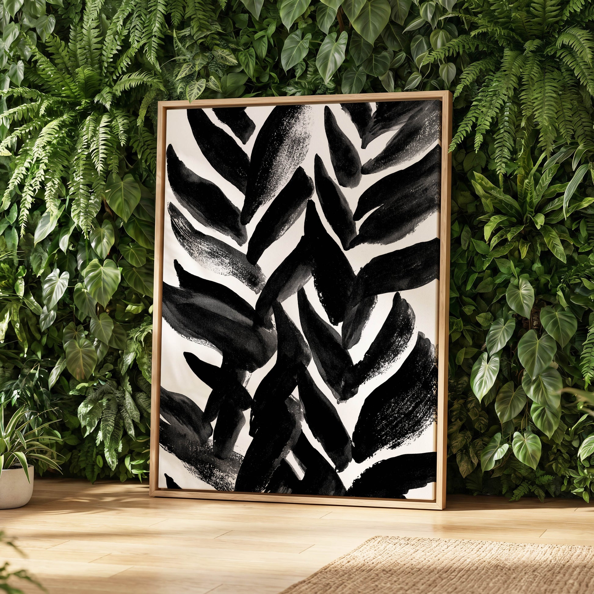 Nightfall Fronds, black, white, gray nature wall art displayed in a styled interior, gallery view 8