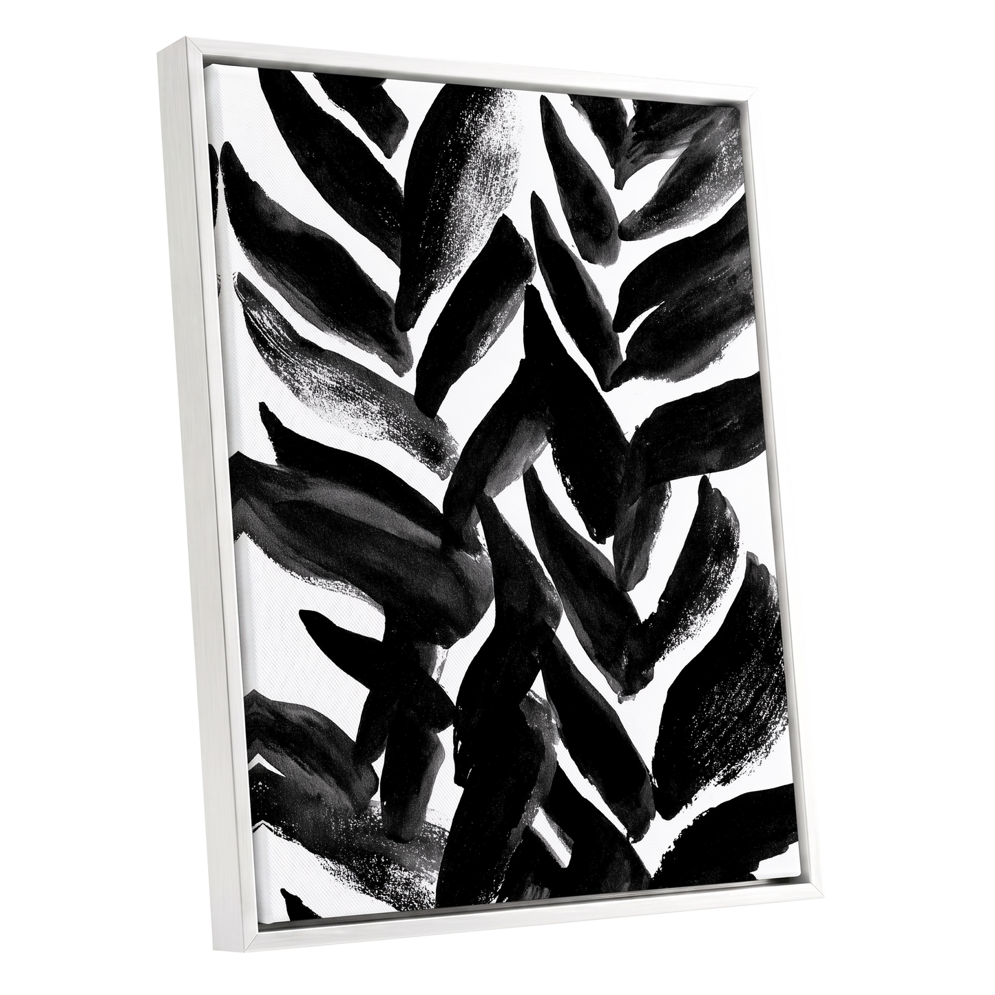 Nightfall Fronds, black, white, gray nature wall art shown as a white framed canvas wall art