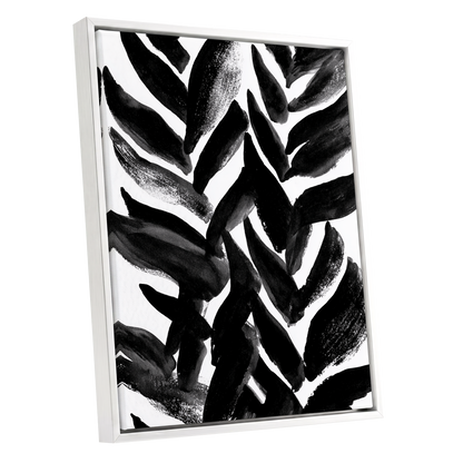 Nightfall Fronds, black, white, gray nature wall art shown as a white framed canvas wall art