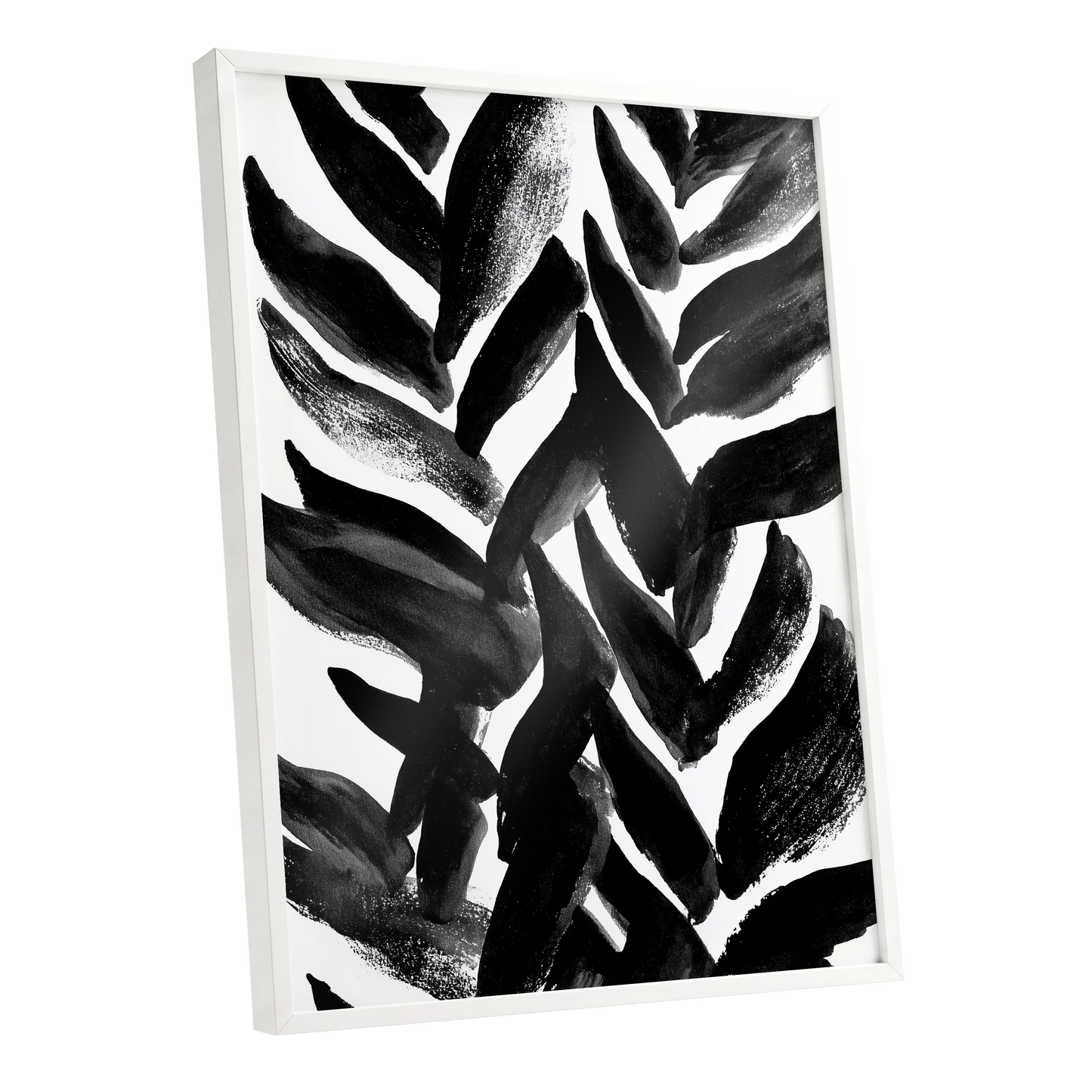 Nightfall Fronds, black, white, gray nature wall art shown as a white framed poster wall art print