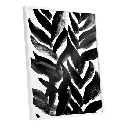 Nightfall Fronds, black, white, gray nature wall art shown as a white framed poster wall art print