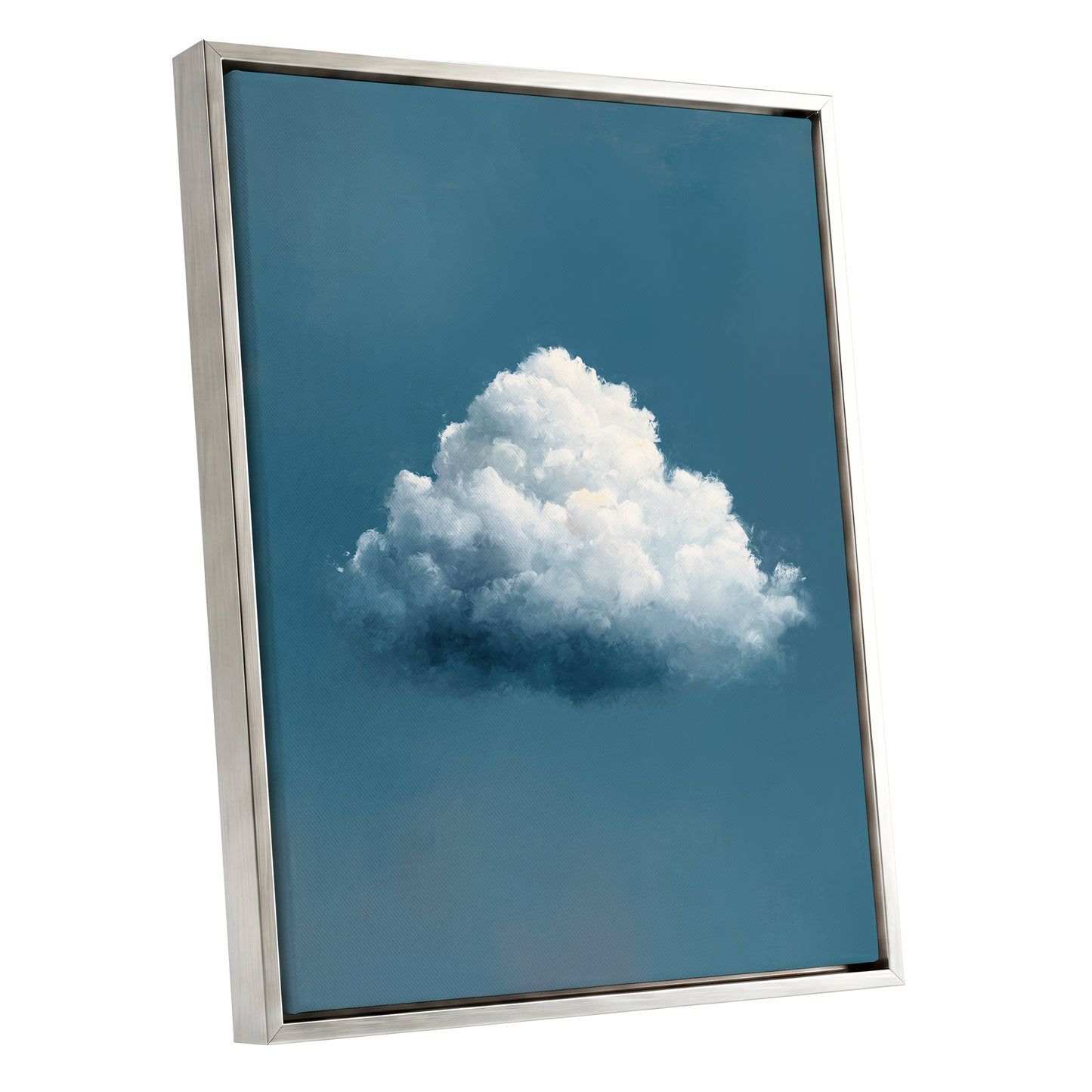 Nimbus in Blue Expanse, blue, white, gray nature wall art shown as a silver framed canvas wall art