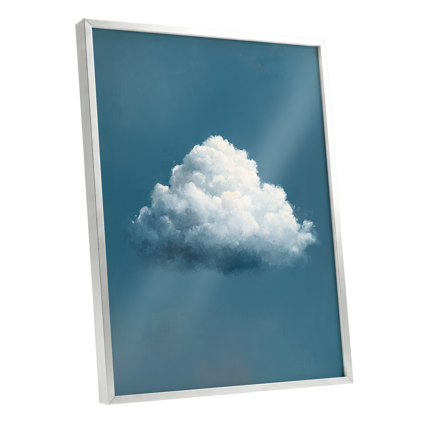 Nimbus in Blue Expanse, blue, white, gray nature wall art shown as a silver framed poster wall art print