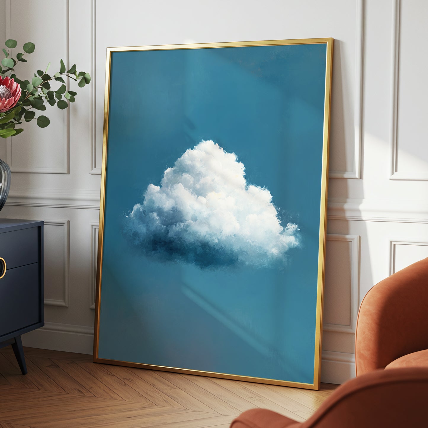 Nimbus in Blue Expanse, blue, white, gray nature wall art displayed in a styled interior, gallery view 2