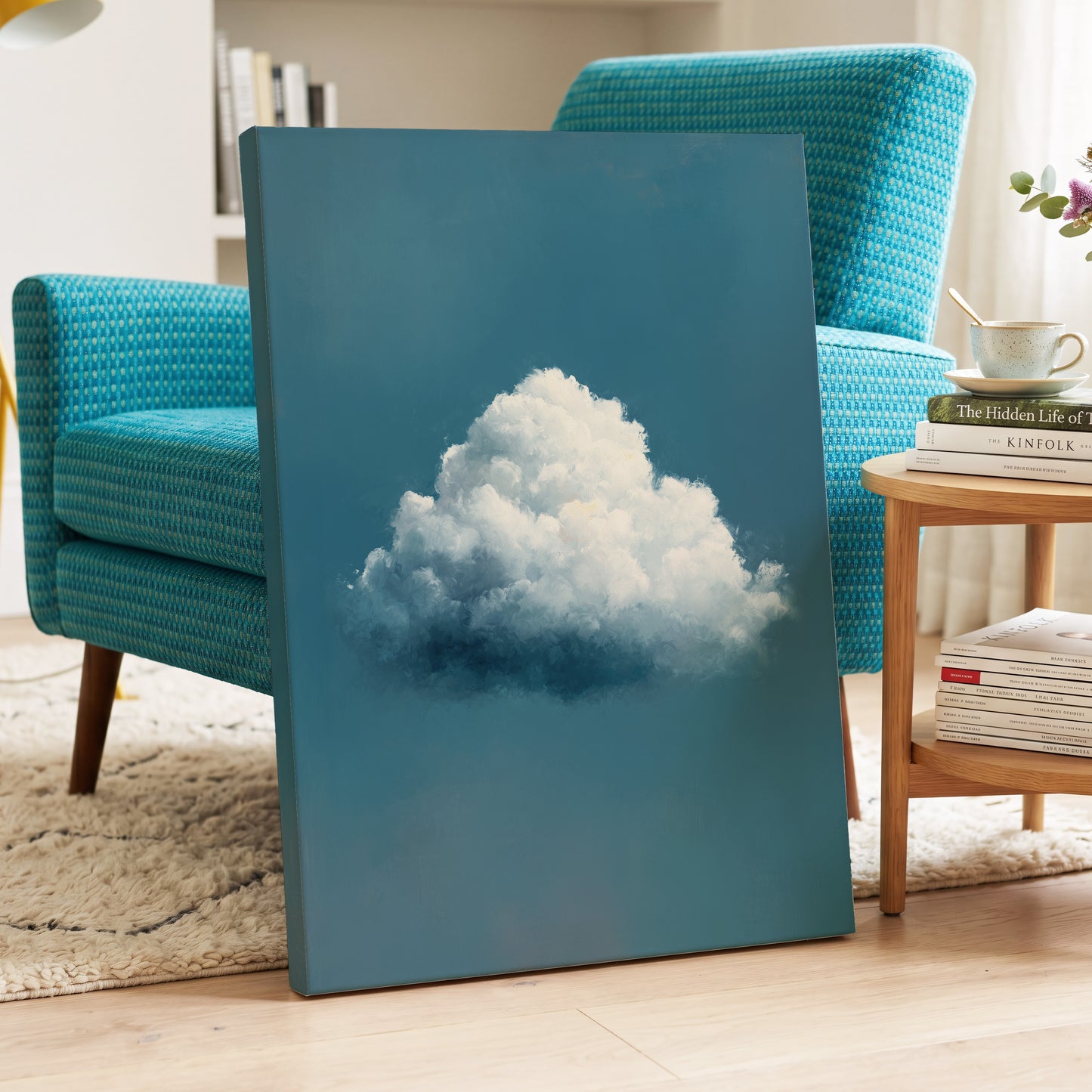 Nimbus in Blue Expanse, blue, white, gray nature wall art displayed in a styled interior, gallery view 3
