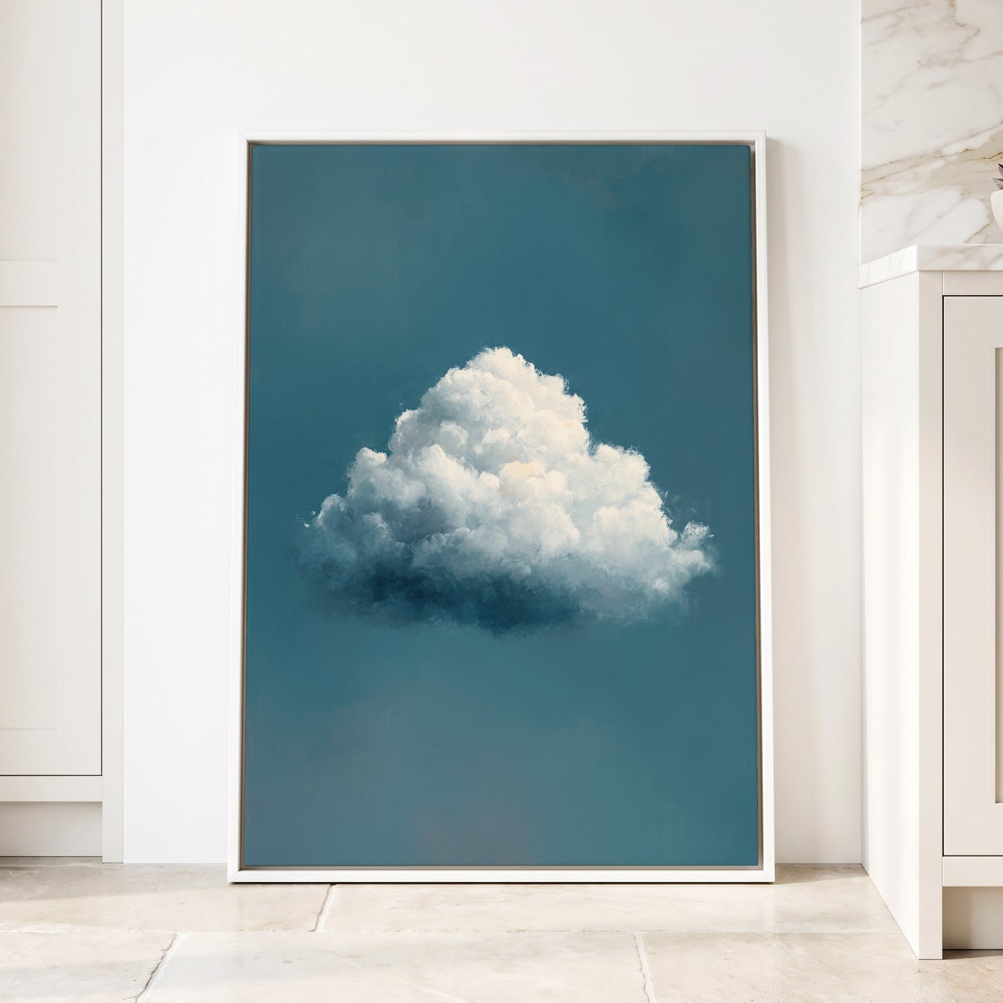 Nimbus in Blue Expanse, blue, white, gray nature wall art displayed in a styled interior, gallery view 4