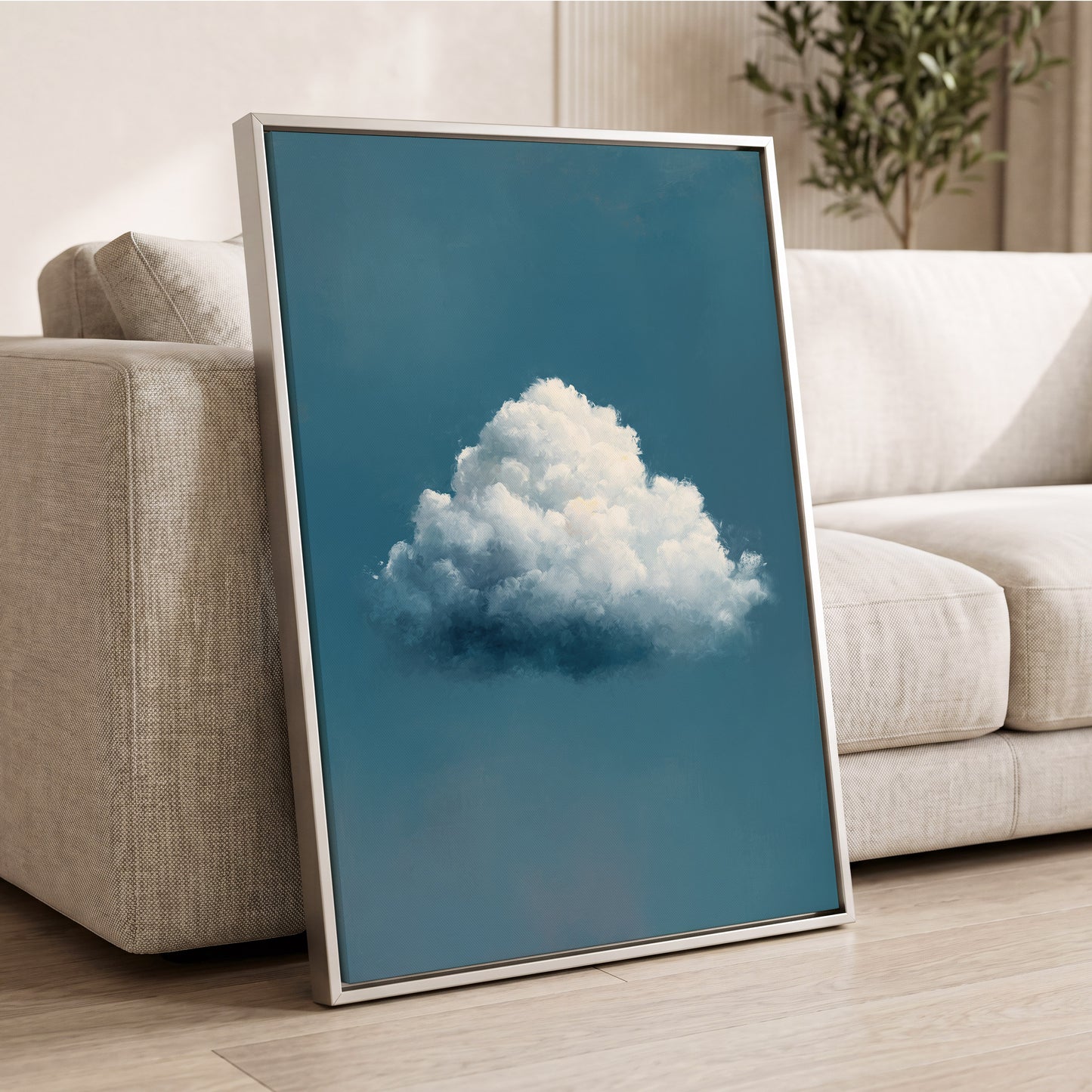 Nimbus in Blue Expanse, blue, white, gray nature wall art displayed in a styled interior, gallery view 8