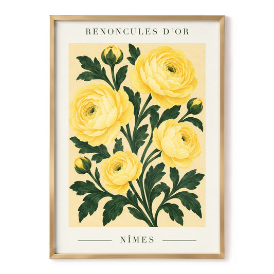 Nîmes in Bloom, yellow, green, beige floral wall art, front artwork view