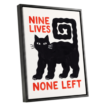 Nine Lives Gone, black, white, beige minimalist wall art shown as a black framed canvas wall art
