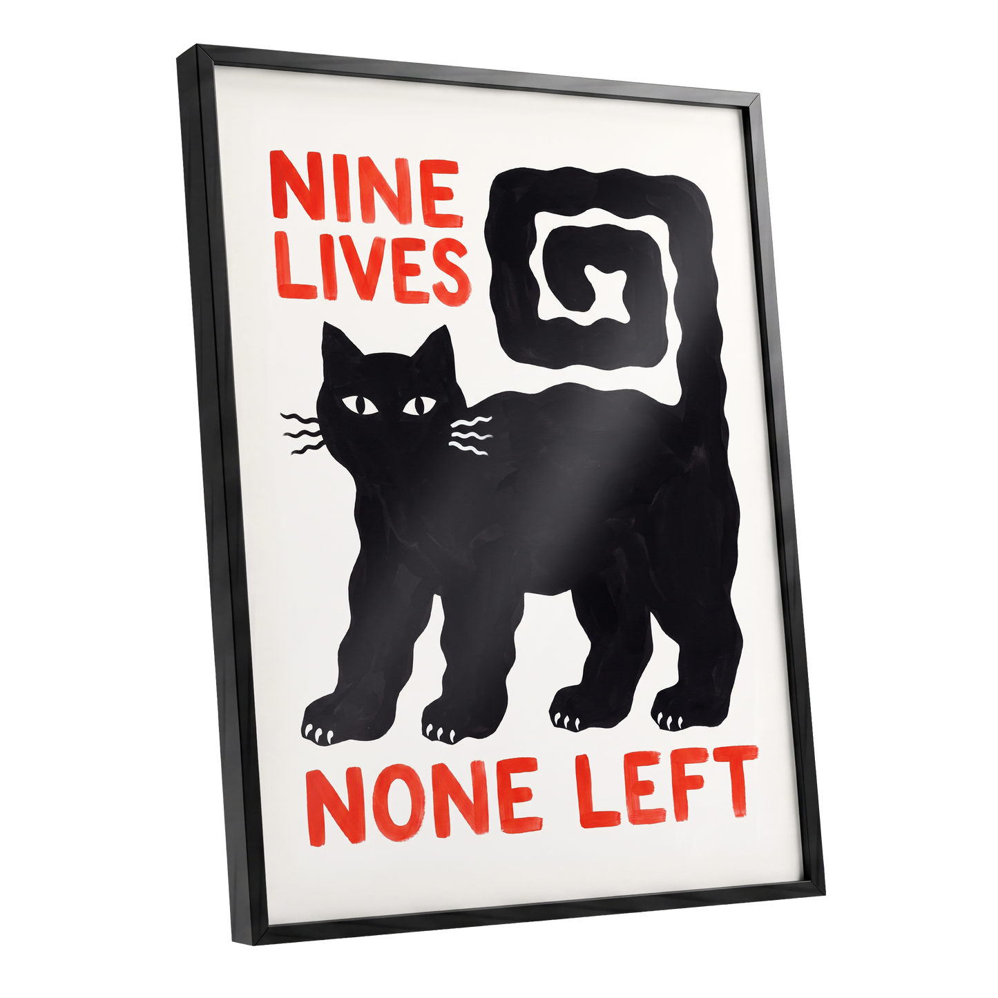 Nine Lives Gone, black, white, beige minimalist wall art shown as a black framed poster wall art print