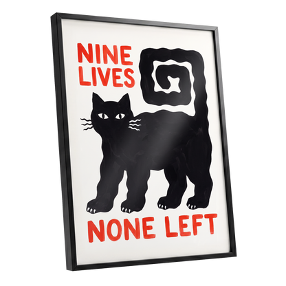 Nine Lives Gone, black, white, beige minimalist wall art shown as a black framed poster wall art print