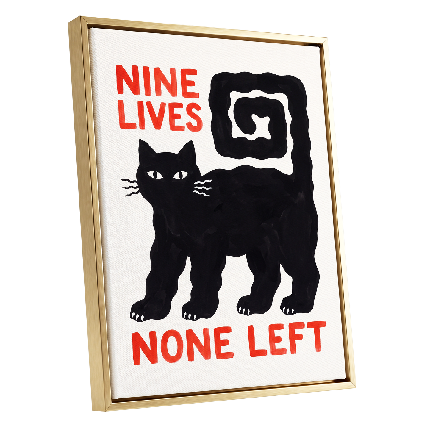 Nine Lives Gone, black, white, beige minimalist wall art shown as a gold framed canvas wall art