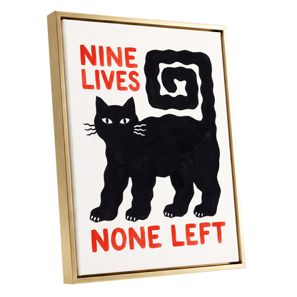 Nine Lives Gone, black, white, beige minimalist wall art shown as a gold framed canvas wall art