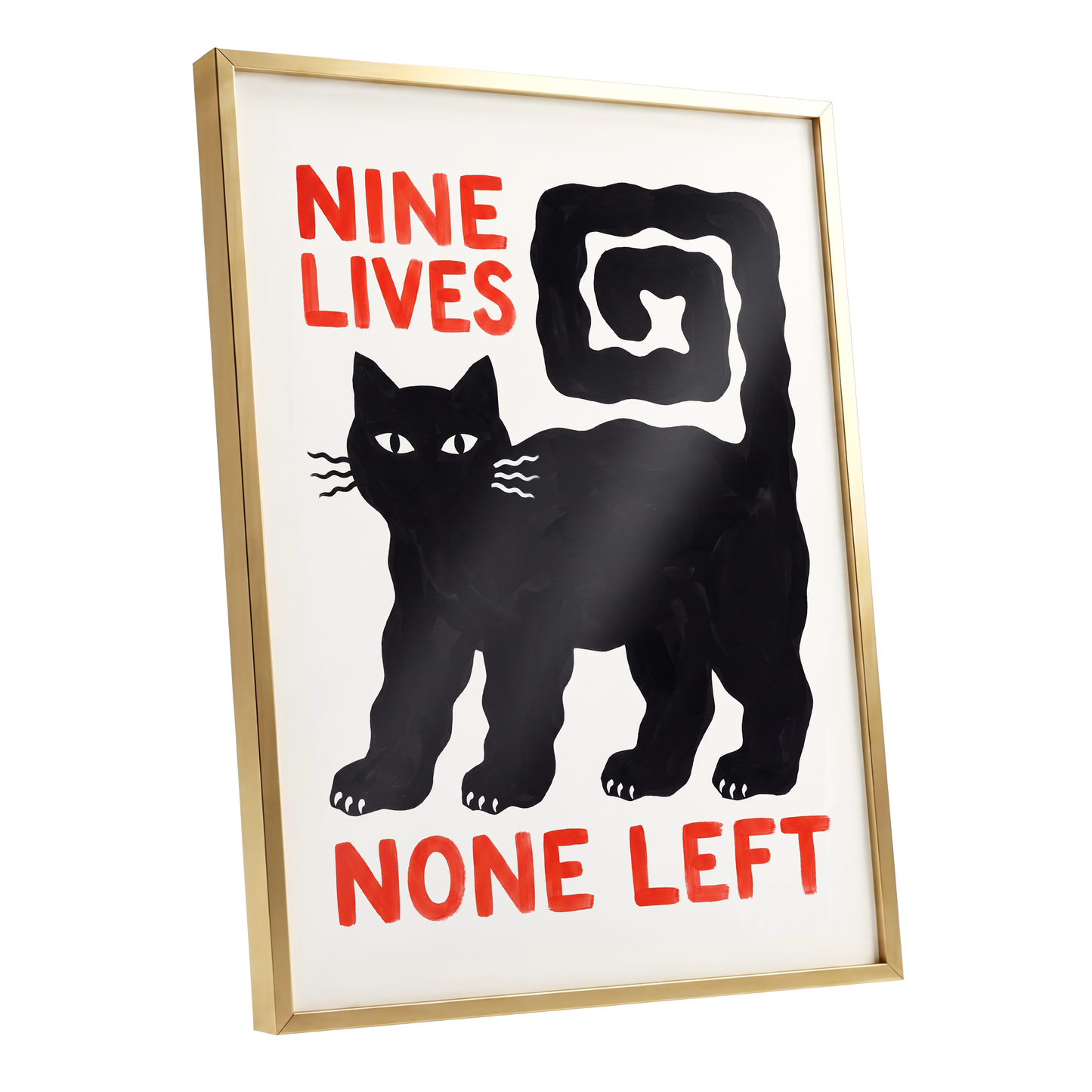 Nine Lives Gone, black, white, beige minimalist wall art shown as a gold framed poster wall art print