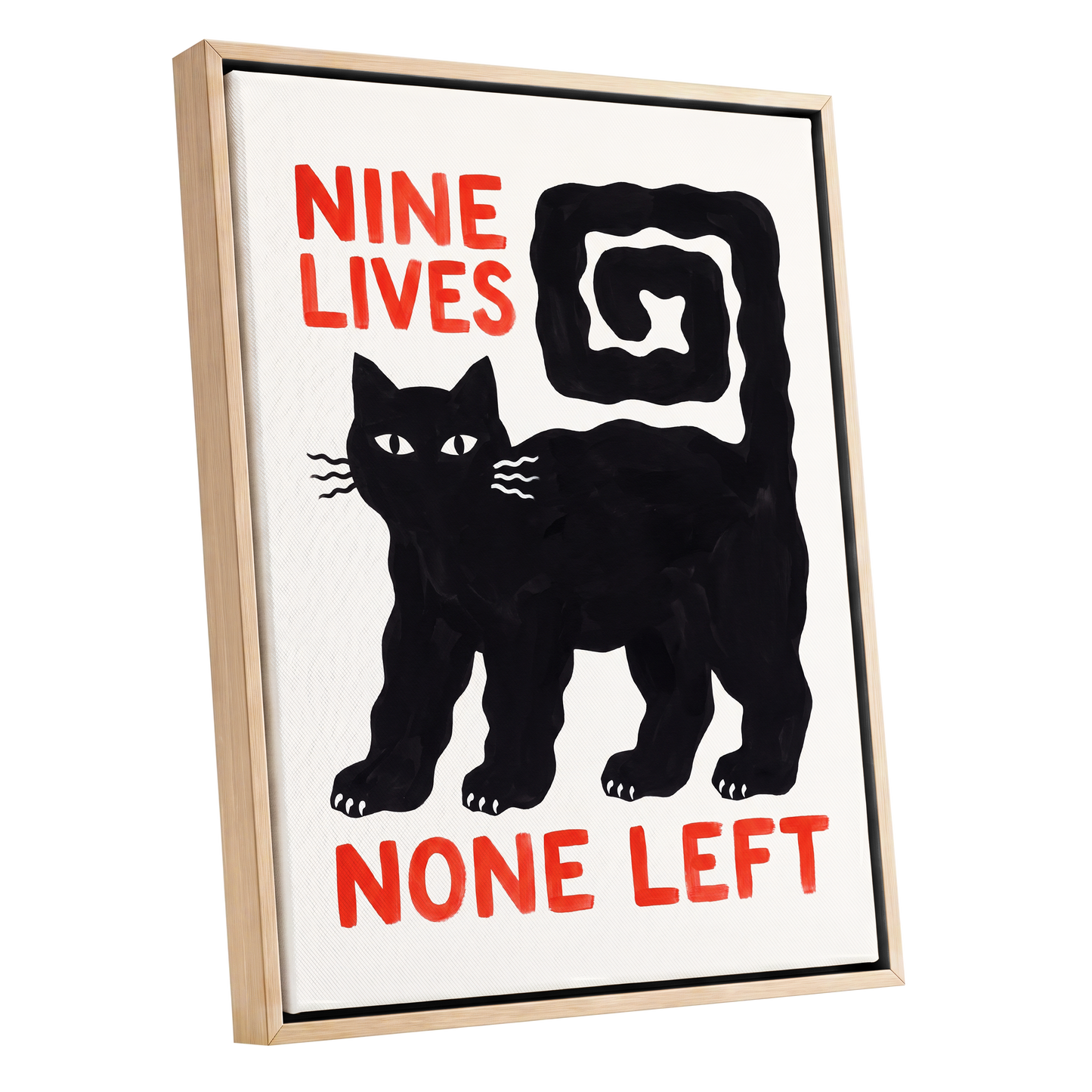 Nine Lives Gone, black, white, beige minimalist wall art shown as a oak framed canvas wall art