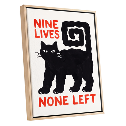 Nine Lives Gone, black, white, beige minimalist wall art shown as a oak framed canvas wall art