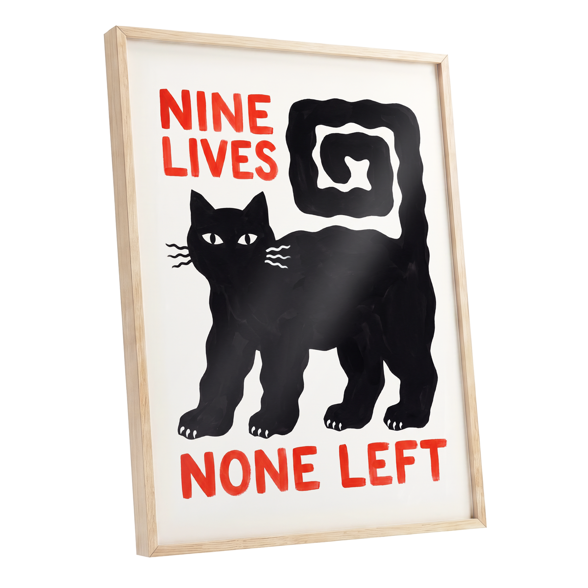 Nine Lives Gone, black, white, beige minimalist wall art shown as a oak framed poster wall art print