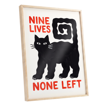 Nine Lives Gone, black, white, beige minimalist wall art shown as a oak framed poster wall art print