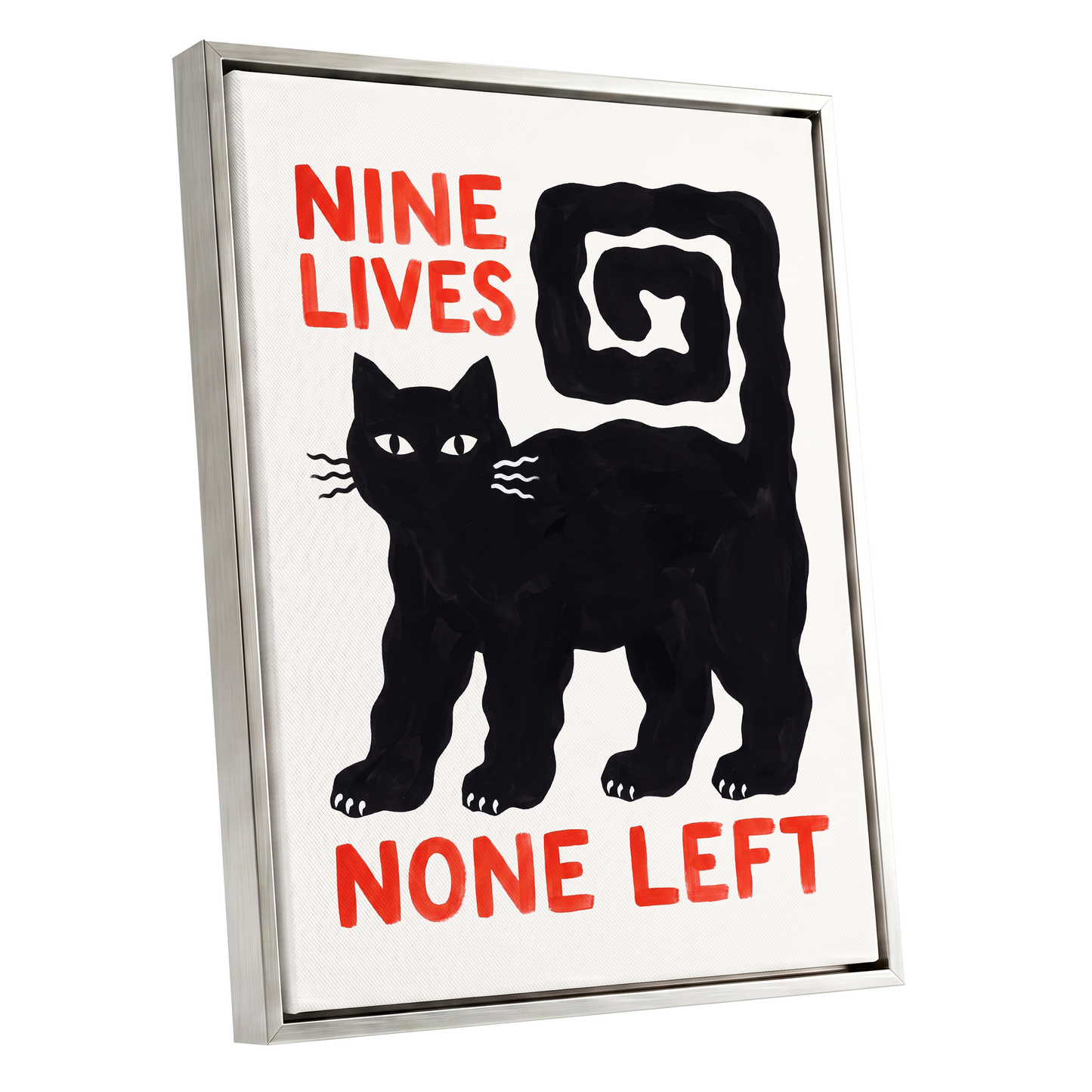 Nine Lives Gone, black, white, beige minimalist wall art shown as a silver framed canvas wall art