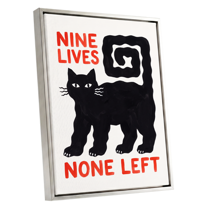 Nine Lives Gone, black, white, beige minimalist wall art shown as a silver framed canvas wall art