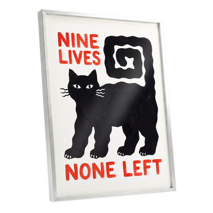 Nine Lives Gone, black, white, beige minimalist wall art shown as a silver framed poster wall art print