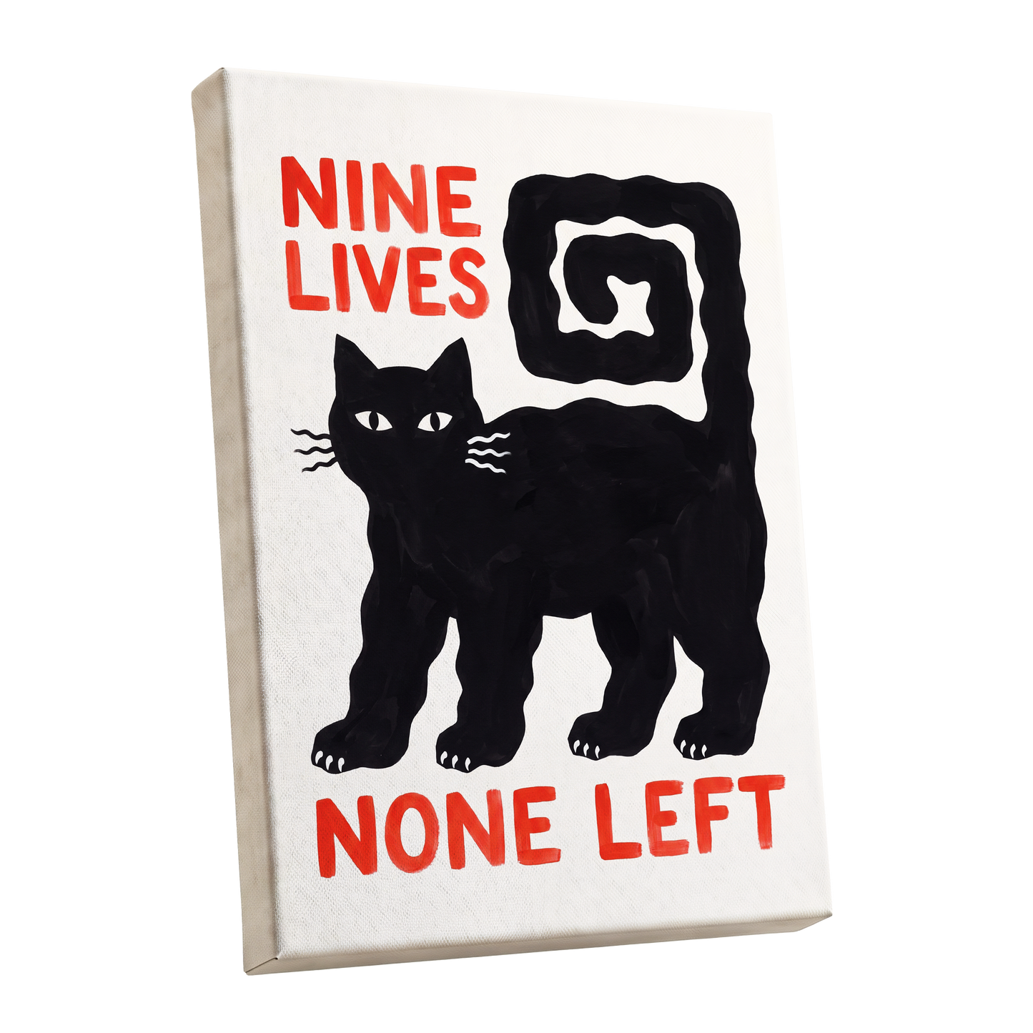 Nine Lives Gone, black, white, beige minimalist wall art shown as a stretched canvas wall art