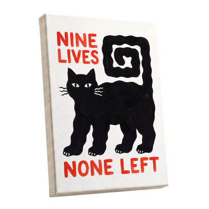 Nine Lives Gone, black, white, beige minimalist wall art shown as a stretched canvas wall art