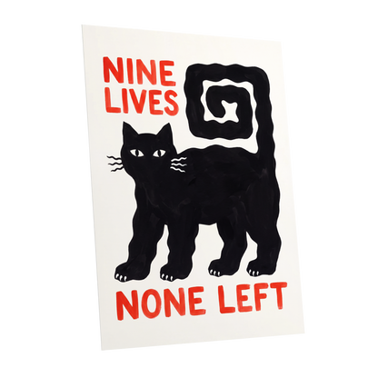 Nine Lives Gone, black, white, beige minimalist wall art shown as a unframed poster wall art print