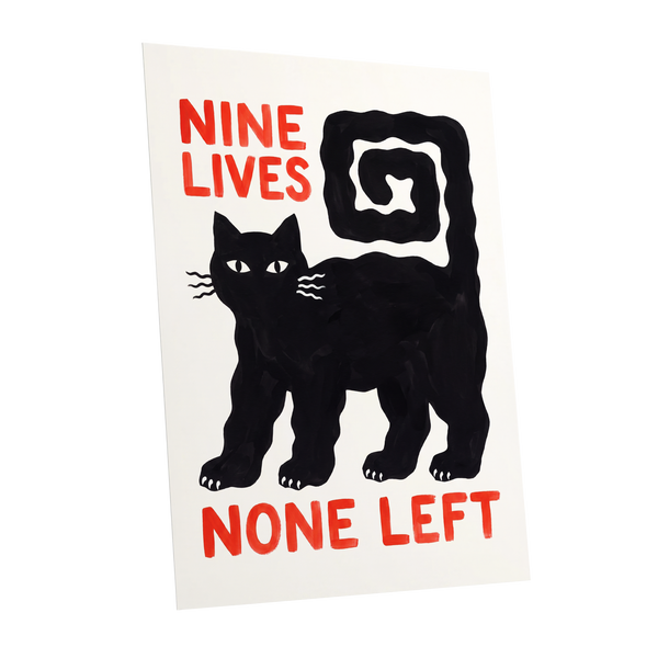 Nine Lives Gone, black, white, beige minimalist wall art shown as a unframed poster wall art print