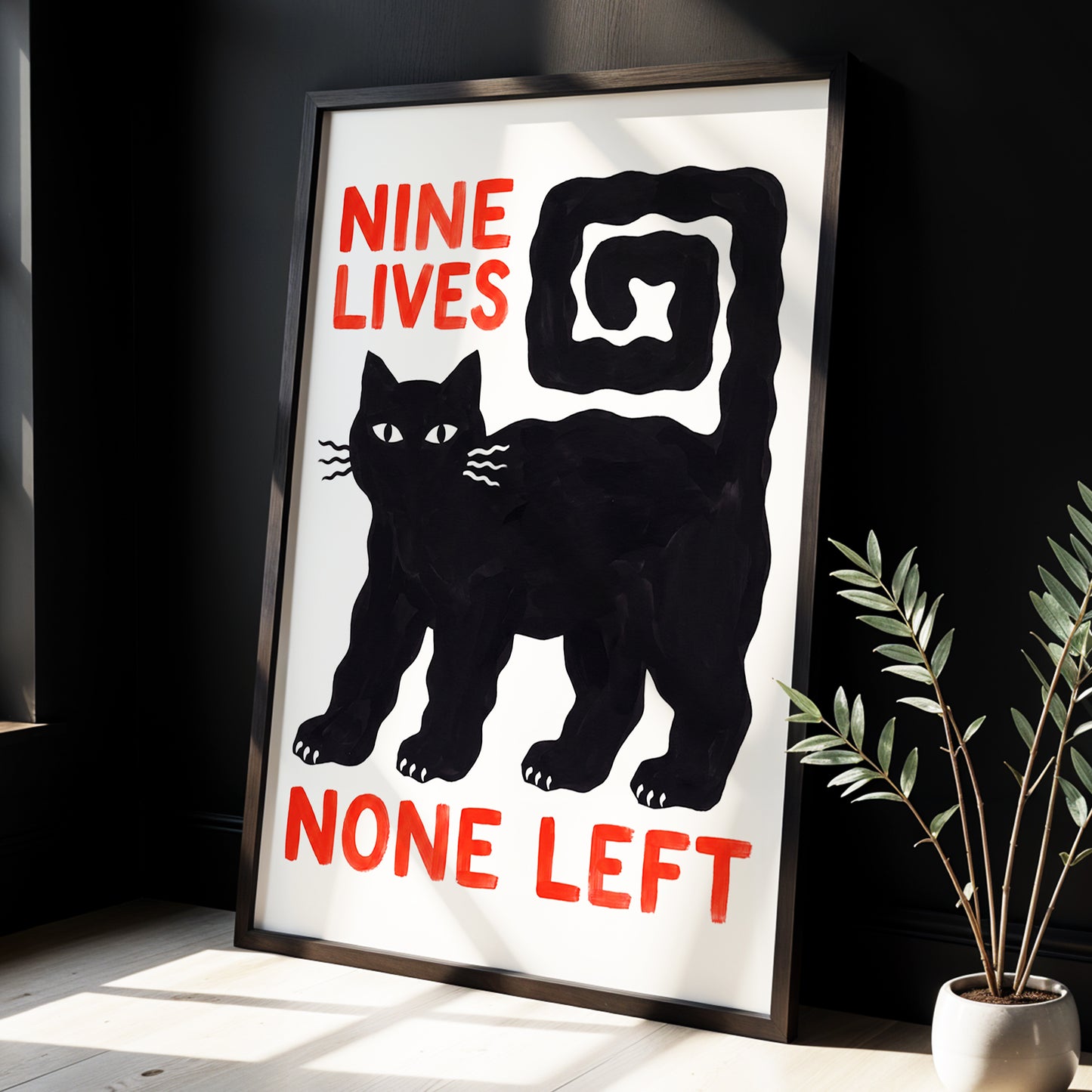 Nine Lives Gone, black, white, beige minimalist wall art displayed in a styled interior, gallery view 2