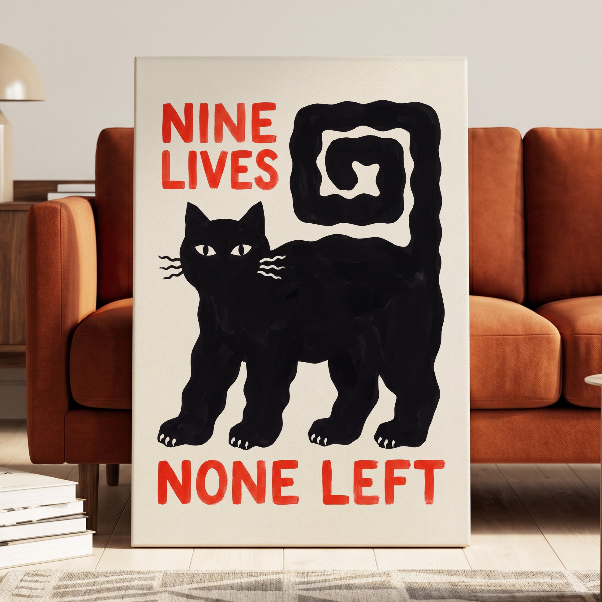 Nine Lives Gone, black, white, beige minimalist wall art displayed in a styled interior, gallery view 3