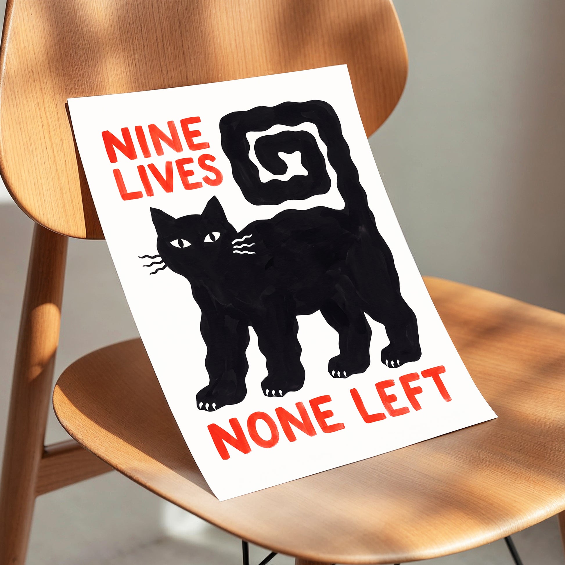 Nine Lives Gone, black, white, beige minimalist wall art displayed in a styled interior, gallery view 5