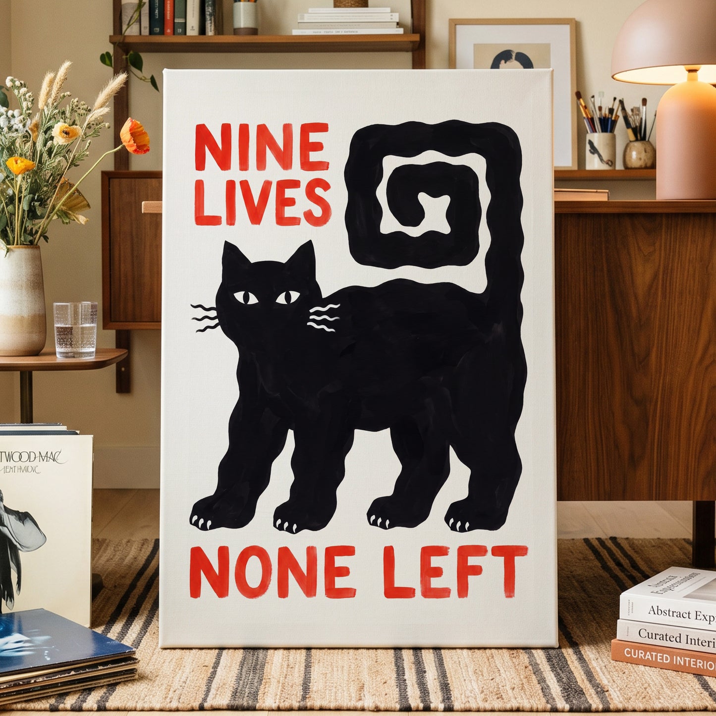 Nine Lives Gone, black, white, beige minimalist wall art displayed in a styled interior, gallery view 7