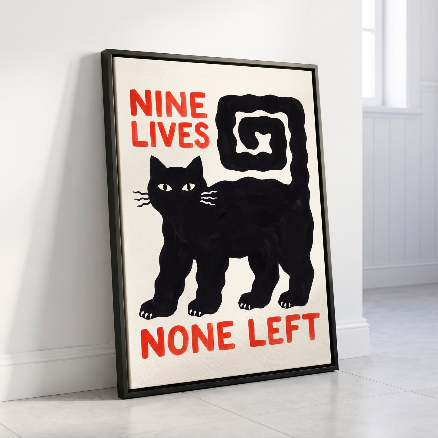 Nine Lives Gone, black, white, beige minimalist wall art displayed in a styled interior, gallery view 8