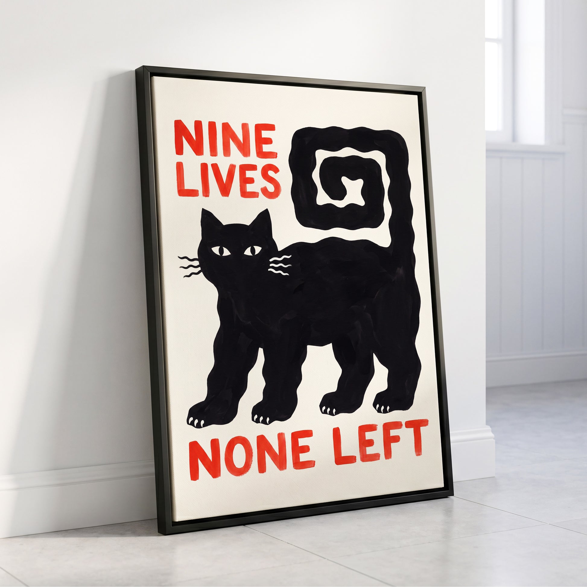 Nine Lives Gone, black, white, beige minimalist wall art displayed in a styled interior, gallery view 8