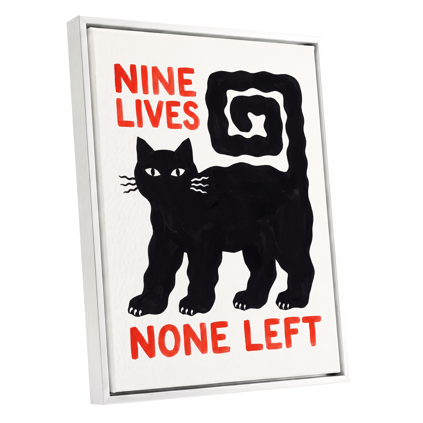 Nine Lives Gone, black, white, beige minimalist wall art shown as a white framed canvas wall art