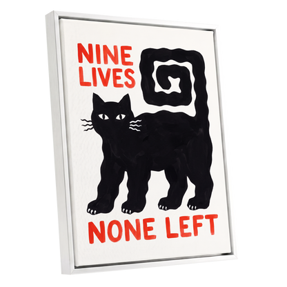 Nine Lives Gone, black, white, beige minimalist wall art shown as a white framed canvas wall art