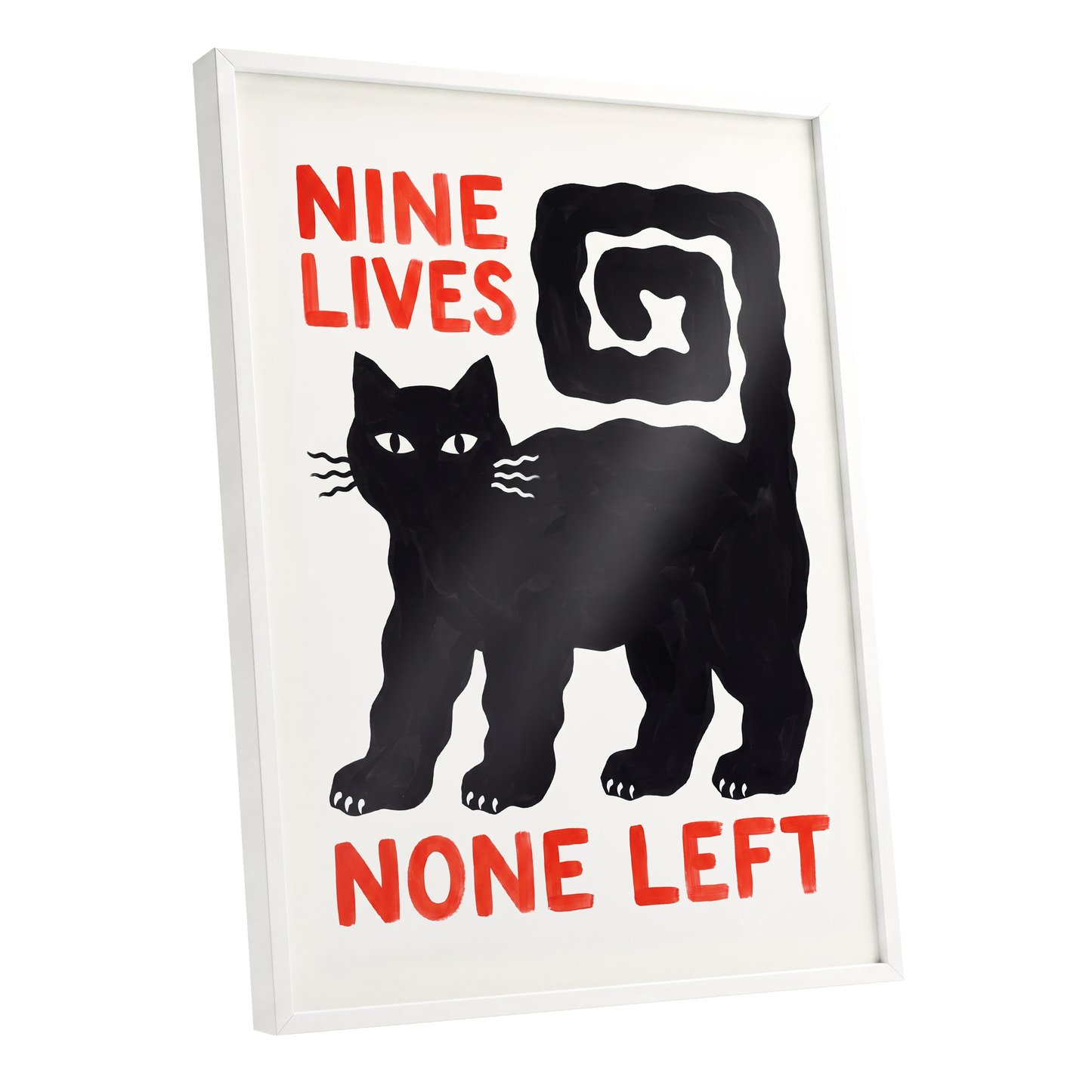 Nine Lives Gone, black, white, beige minimalist wall art shown as a white framed poster wall art print