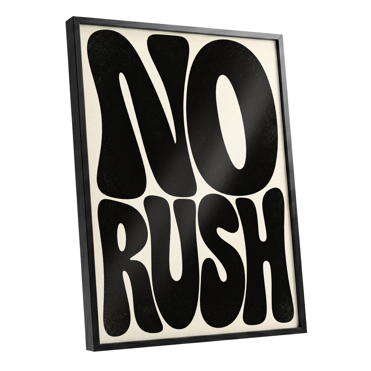 No Rush, Boldly, black, beige minimalist wall art shown as a black framed poster wall art print