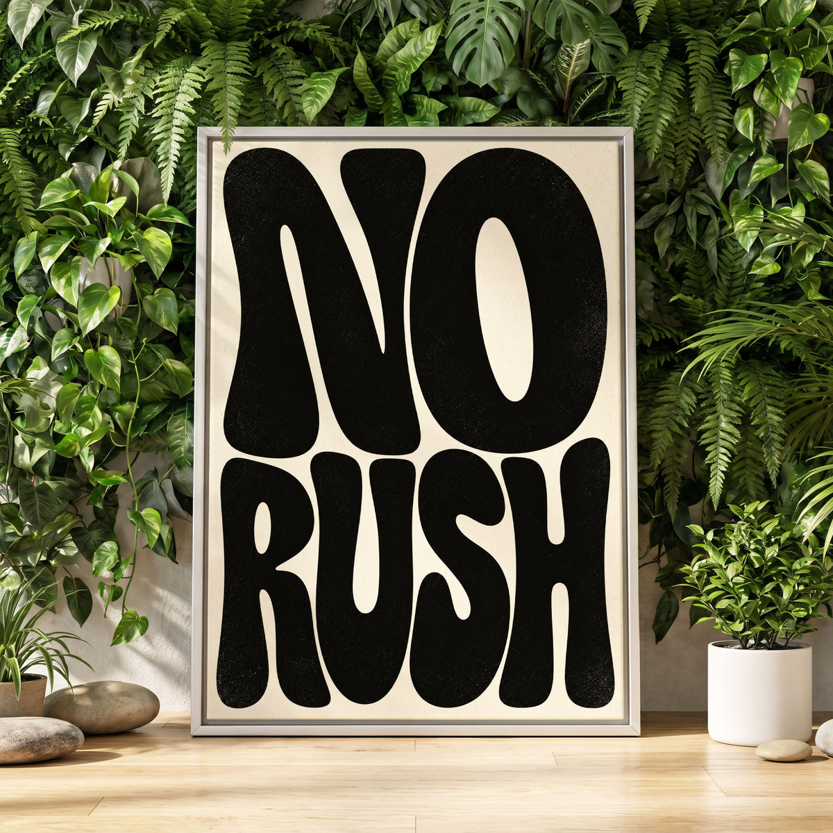 No Rush, Boldly, black, beige minimalist wall art displayed in a styled interior, gallery view 1