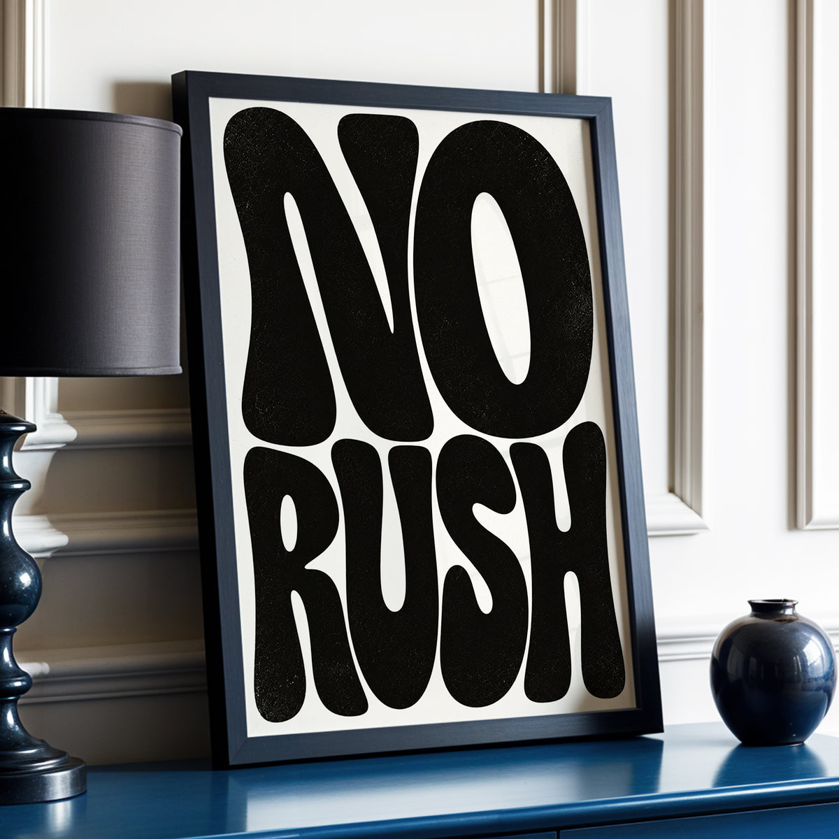 No Rush, Boldly, black, beige minimalist wall art displayed in a styled interior, gallery view 2