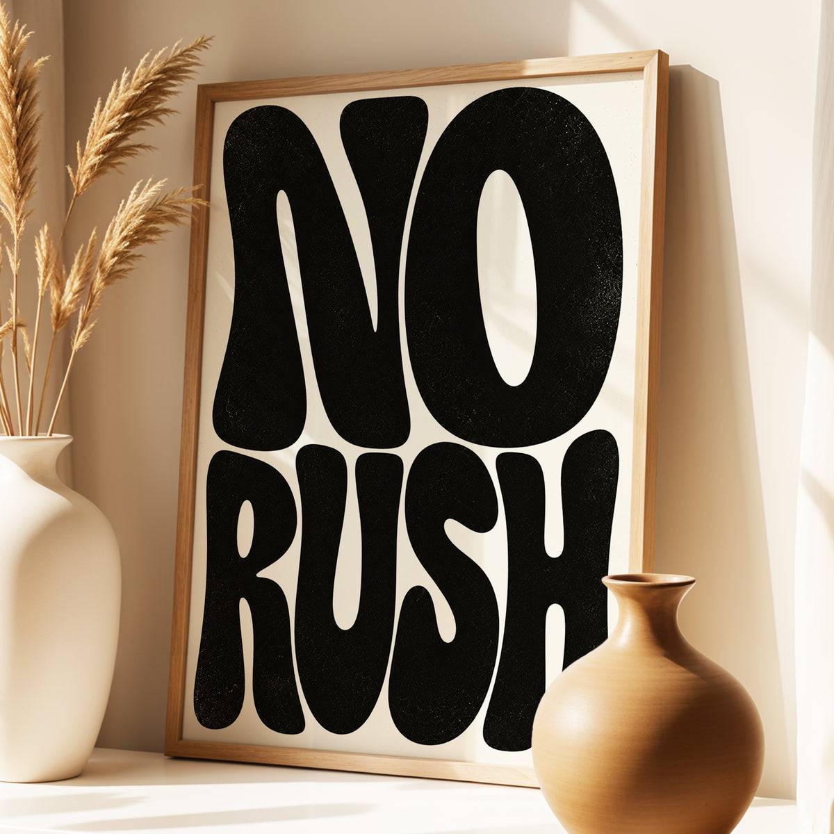 No Rush, Boldly, black, beige minimalist wall art displayed in a styled interior, gallery view 3