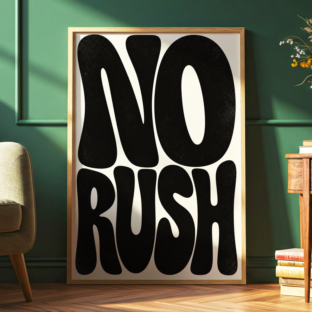 No Rush, Boldly, black, beige minimalist wall art displayed in a styled interior, gallery view 6