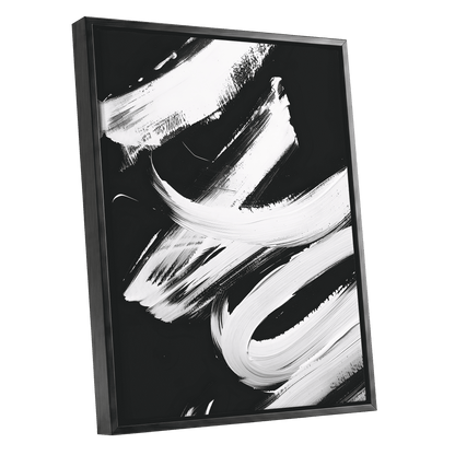 Nocturne in White, black, white abstract wall art shown as a black framed canvas wall art