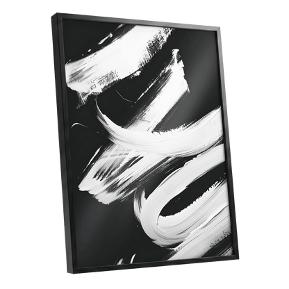 Nocturne in White, black, white abstract wall art shown as a black framed poster wall art print
