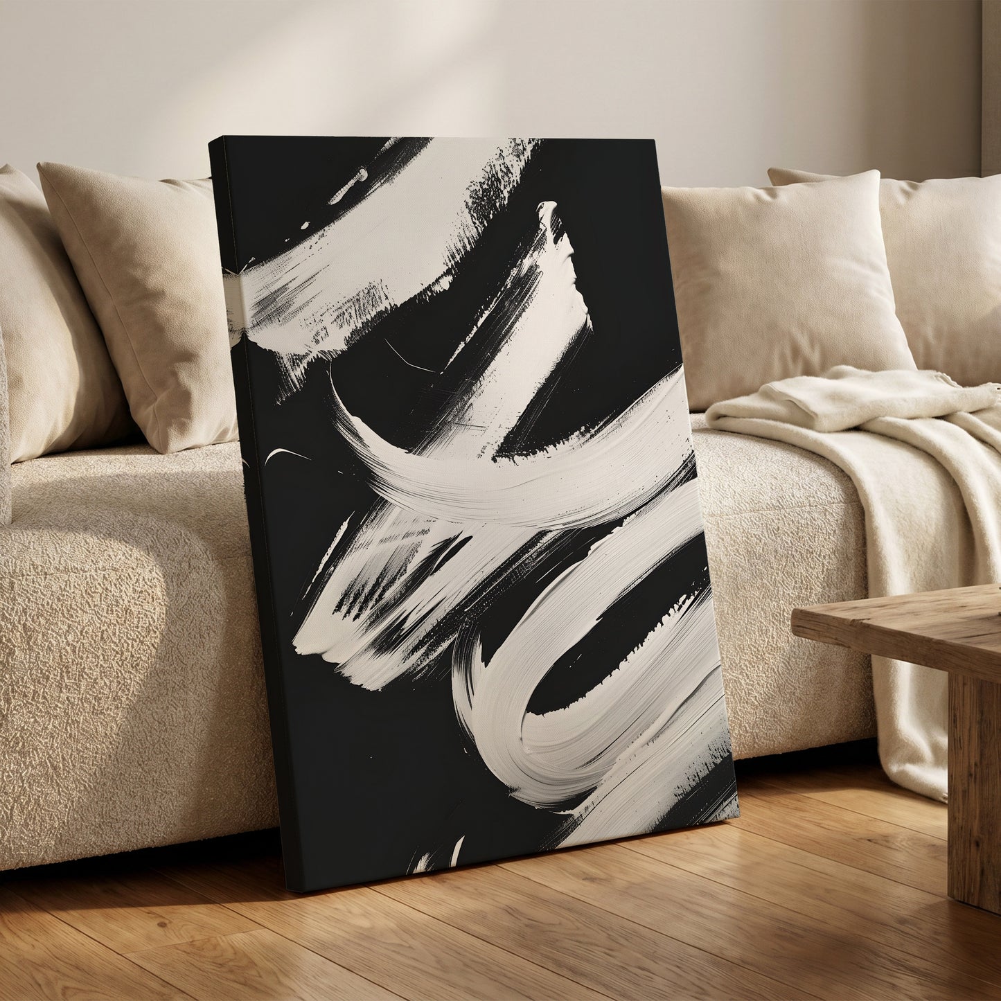 Nocturne in White, black, white abstract wall art on canvas displayed in a styled interior, gallery view 1