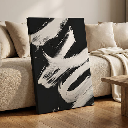 Nocturne in White, black, white abstract wall art on canvas displayed in a styled interior, gallery view 1